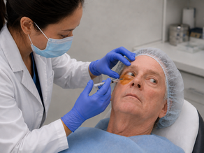 A clinician giving IVT injection to a patient (pre drug delivery)