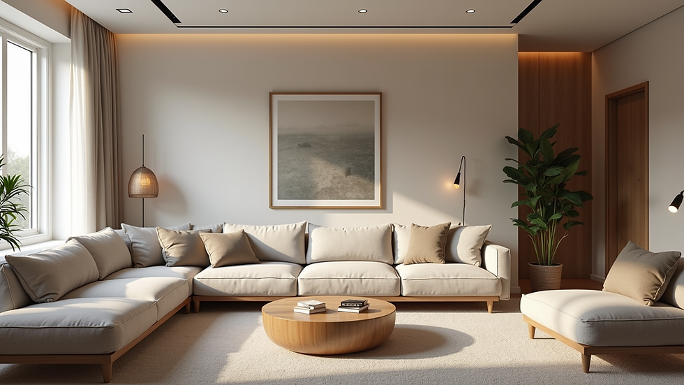 Vue en plongée d’un salon moderne avec une décoration personnalisée