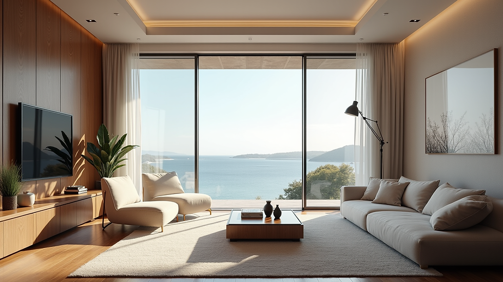Vue en plongée d’un salon moderne décoré avec goût