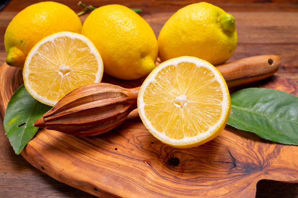 Fresh ripe yellow Italian lemons and wooden juice squeezer, new harvest, on olive tree woo