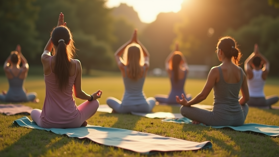 Close-up view of a group participating in a yoga session outdoors