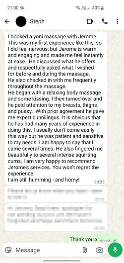 Screenshot of a WhatsApp message from Steph in London reviewing Jerome Brown's yoni massage.