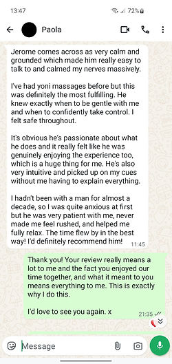 Screenshot of a WhatsApp message from Paola reviewing an erotic massage she received from Yoni Massage London.