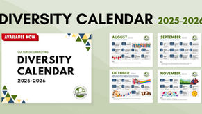 Diversity Calendar 2025-2026 features months August to November with cultural events. Text: Available Now. Colorful triangular patterns.