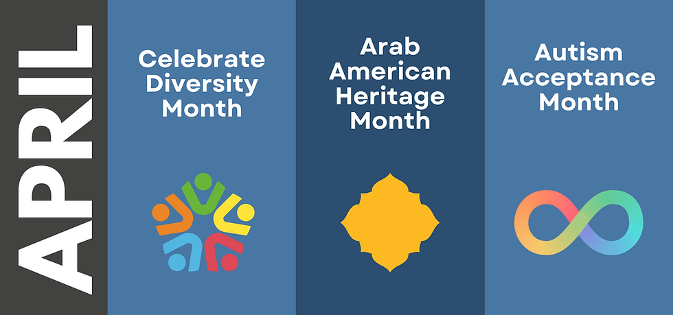 Banner with Celebrate Diversity, Arab American Heritage, Autism Awareness Month