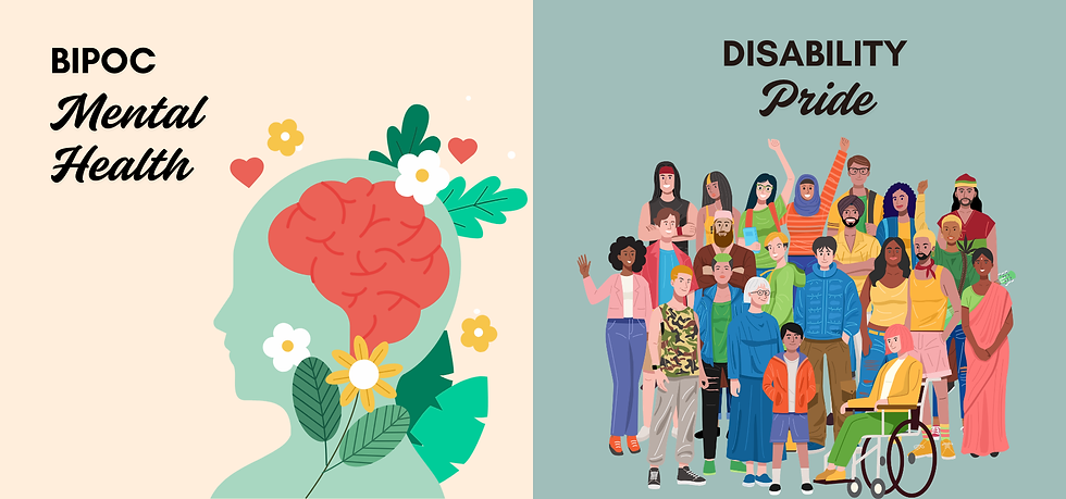 BIPOC Mental Health and Disability Pride poster with diverse people, a brain in a head silhouette, and a wheelchair user.
