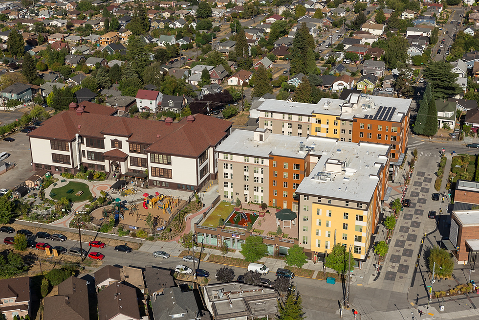Aerial view of El Centro de la Raza building and apartment development. Image courtesy of El Centro de la Raza website.
