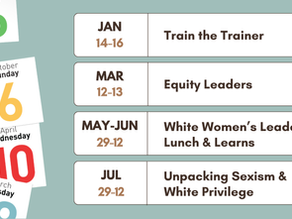 Calendar icons with bold numbers and various colors. Events listed: Train the Trainer, Equity Leaders, White Women’s Leadership, Unpacking Sexism.