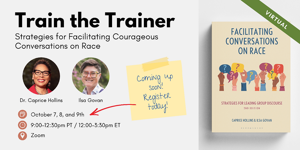Virtual webinar ad for Train the Trainer with two speaker photos, book cover, sticky note Register today, Zoom dates Oct 7-9.