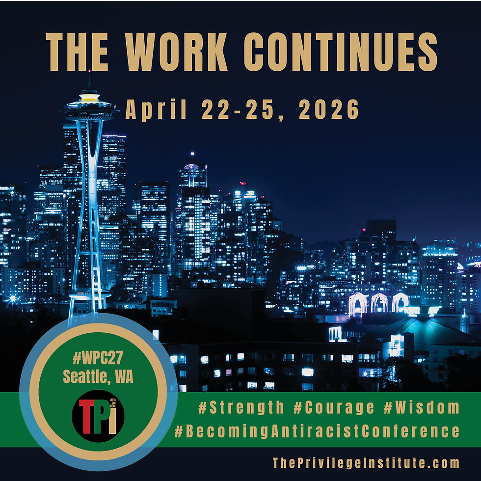 Seattle skyline at night with bold text "THE WORK CONTINUES, April 22-25, 2026." Includes hashtags and ThePrivilegeInstitute.com.