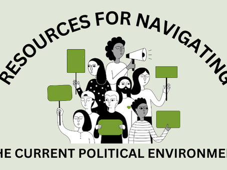 green banner with title and protestors holding signs