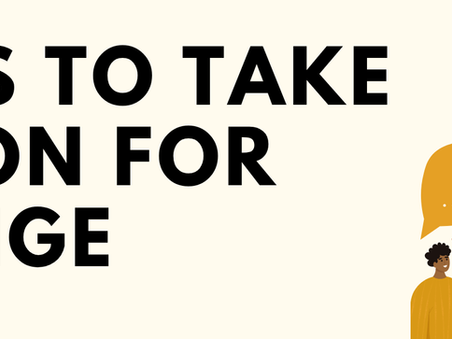 People discuss under colorful speech bubbles. Large text reads "Ways to take action for change" on a beige background. Mood is collaborative.