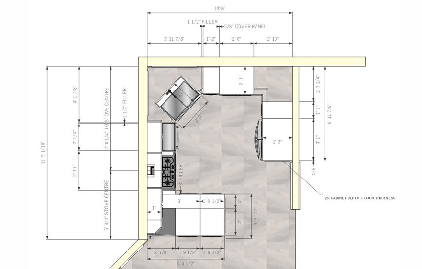 a drawing of a kitchen with measurements including the stove centre