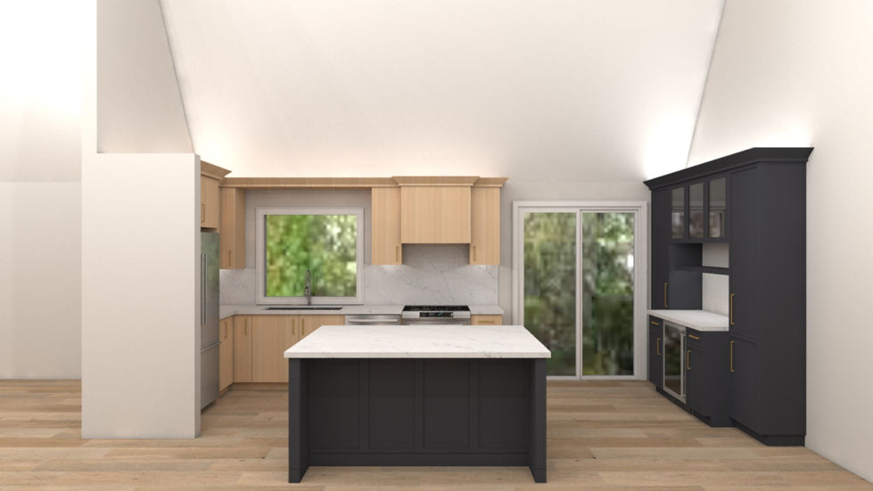 a kitchen with a large island and a stove top oven