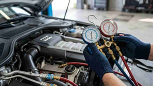 A professional technician wearing blue safety gloves using a manifold gauge set to check and diagnose the air conditioning system of a luxury car with the hood open in a garage.