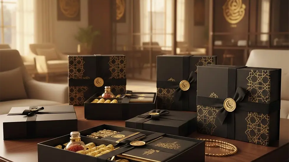 Luxury Ramadan gift boxes displayed in elegant corporate setting