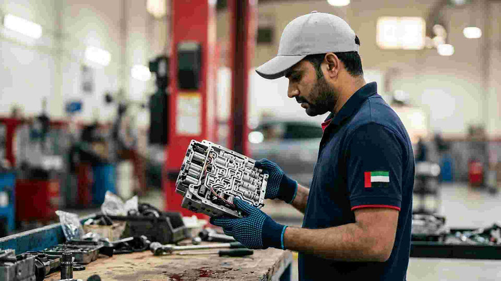 mechanic holding Audi mechatronic unit during valve body inspection