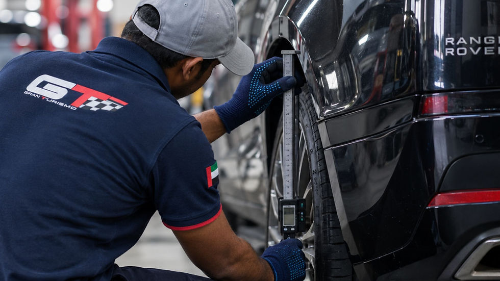 mechanic measuring rear ride height on Range Rover