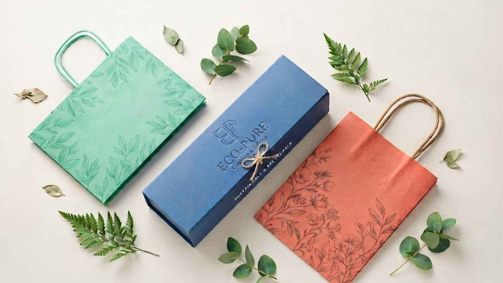 colorful eco-friendly packaging flat lay with leaf accents