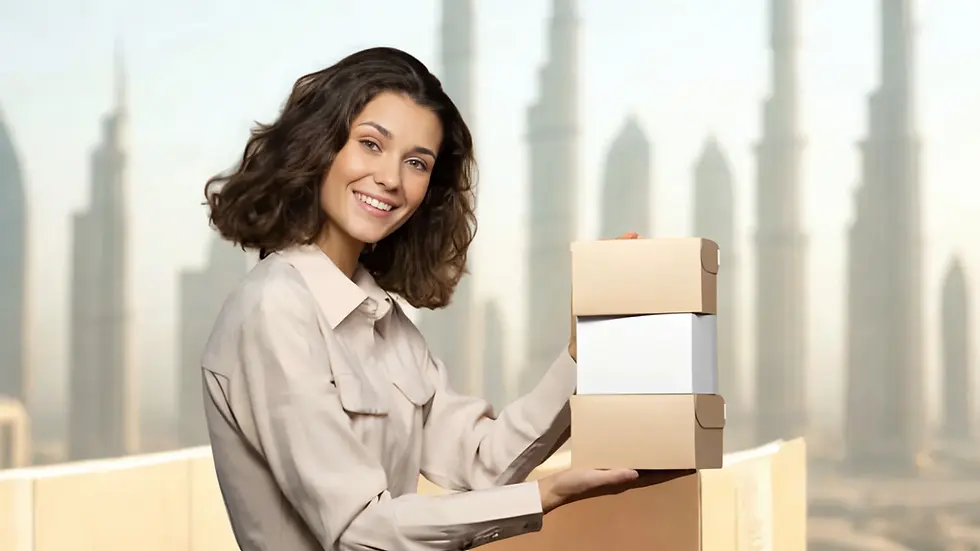 smiling woman holding stacked cardboard product boxes with Dubai skyscraper skyline in background, ecommerce packaging UAE