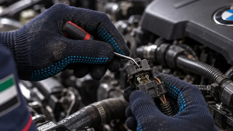Close-up of gloved mechanic inspecting BMW wiring connector pins for corrosion and damage.