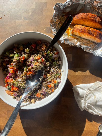 quinoa, bell pepper, red onion, chickpeas, cucumber, lime