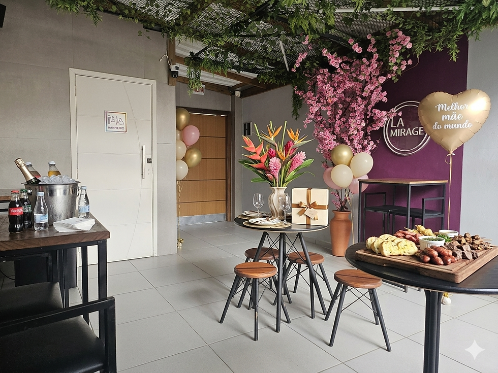Wide angle view of a cozy private party room with colorful decorations