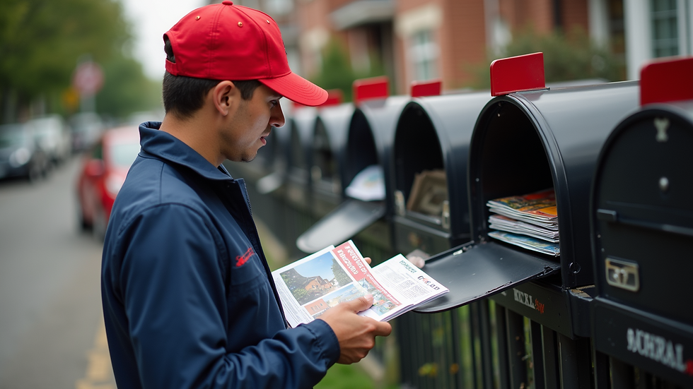 High angle view of a delivery person placing flyers into residential mailboxes