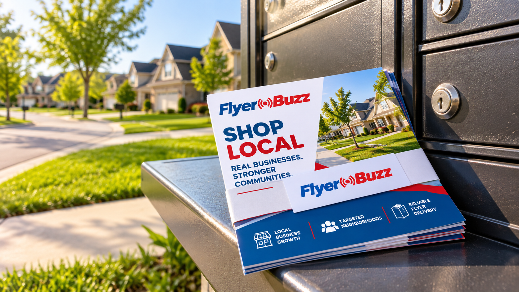 FlyerBuzz branded local flyer delivery reaching neighborhood mailboxes