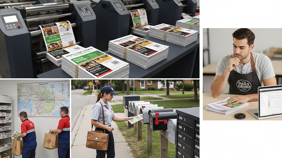 High angle view of a delivery person placing flyers into residential mailboxes