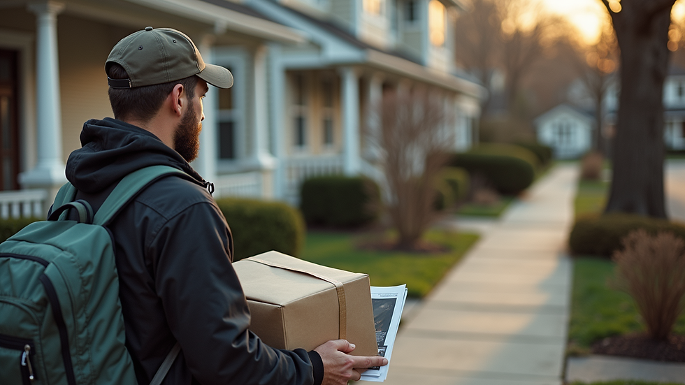 High angle view of a delivery person distributing flyers in a residential neighborhood