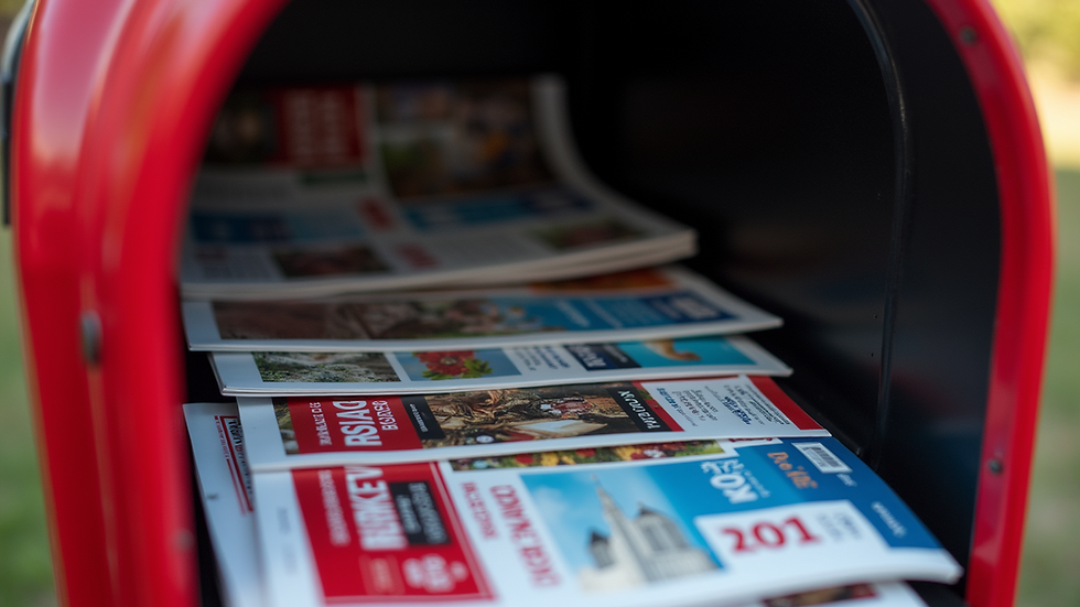 Eye-level view of a mailbox filled with colorful flyers