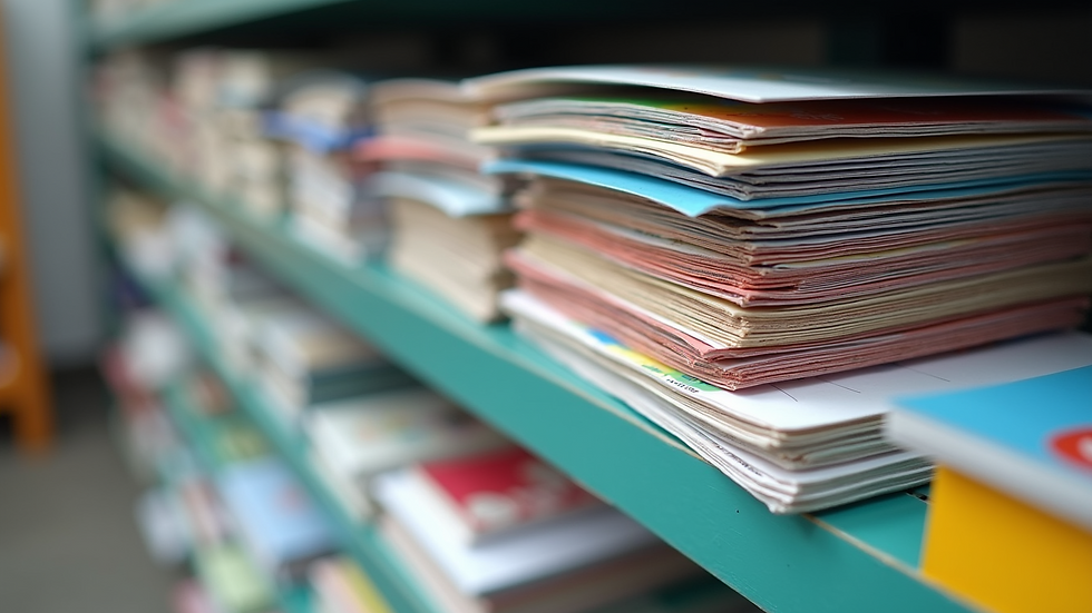 Eye-level view of a stack of colorful flyers ready for distribution