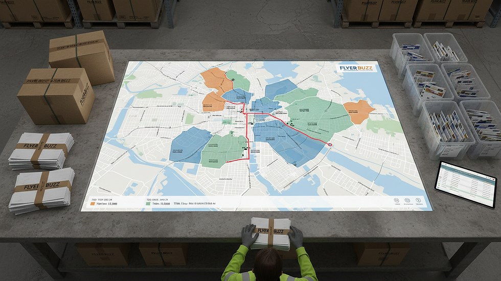 High angle view of a digital map showing flyer distribution zones in Toronto