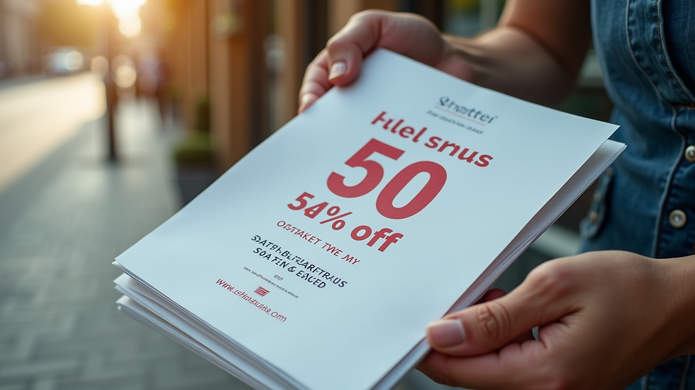 Close-up view of a flyer with a discount offer and contact details