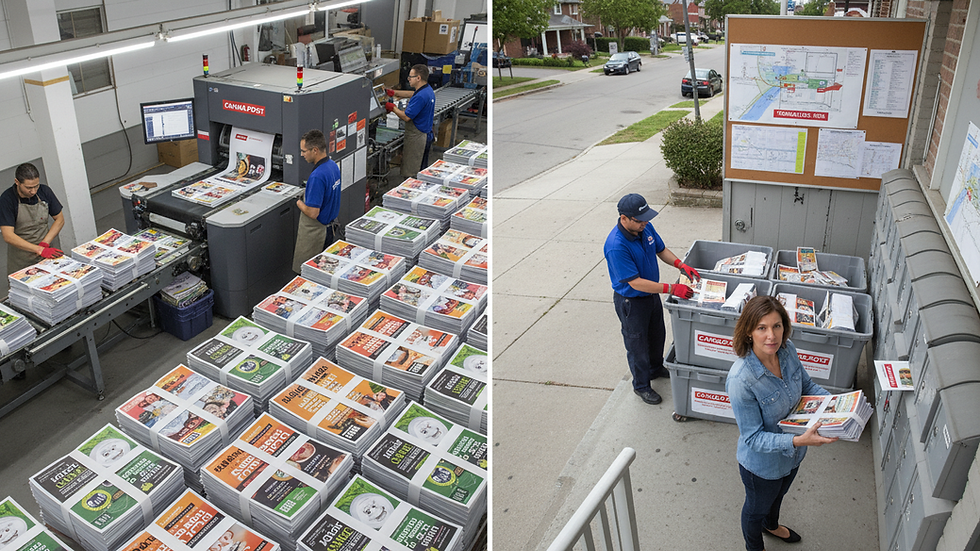 High angle view of a person placing flyers into residential mailboxes