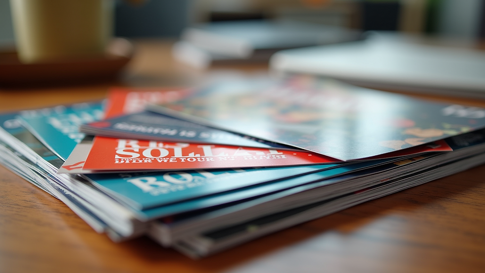 Eye-level view of a stack of colorful custom flyers on a wooden table