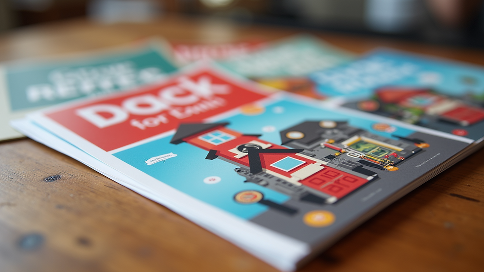 Close-up view of a colorful direct mail flyer on a wooden table