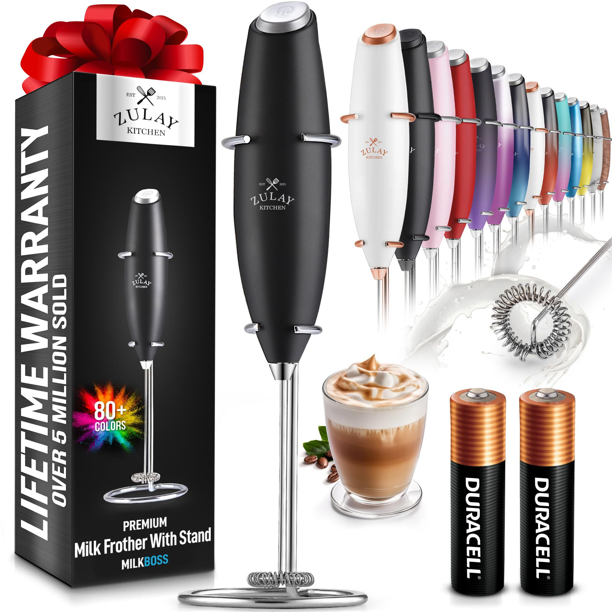 Zulay Kitchen Premium Milk Frother - Handheld Electric Mixer & Foam Maker - Incl