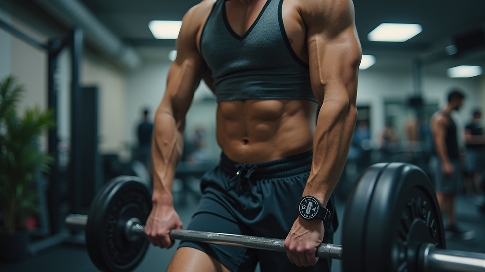 Eye-level view of a fitness enthusiast lifting weights in a gym