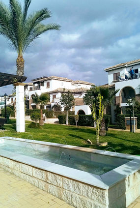Urbanización con palmeras, jardines y fuente de agua