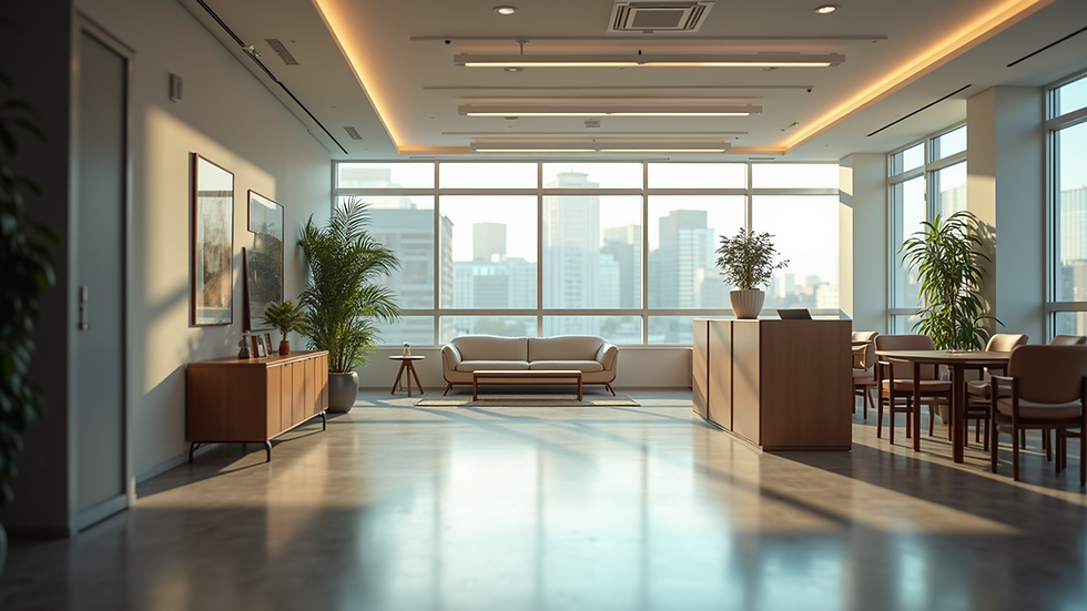 Eye-level view of a modern office space with a welcoming atmosphere