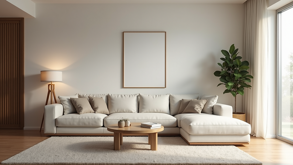 Wide angle view of a clean and minimal living room