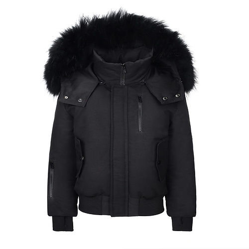 Matte black coat with fur hood clearance