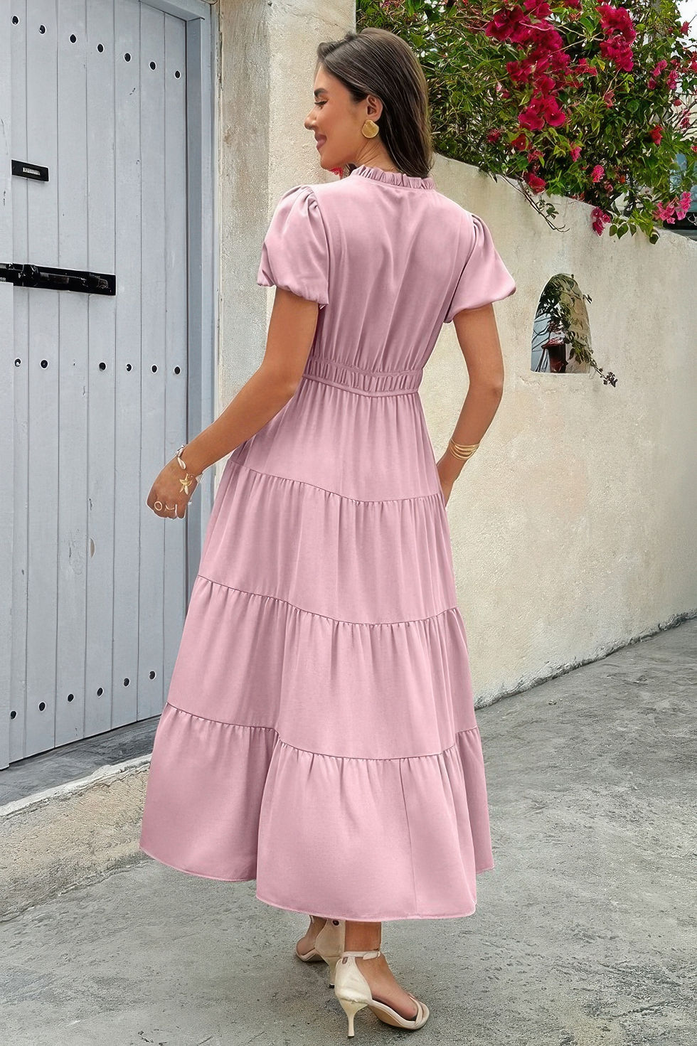 Thumbnail: Solid V Neck Color Block Elastic Waist Dress