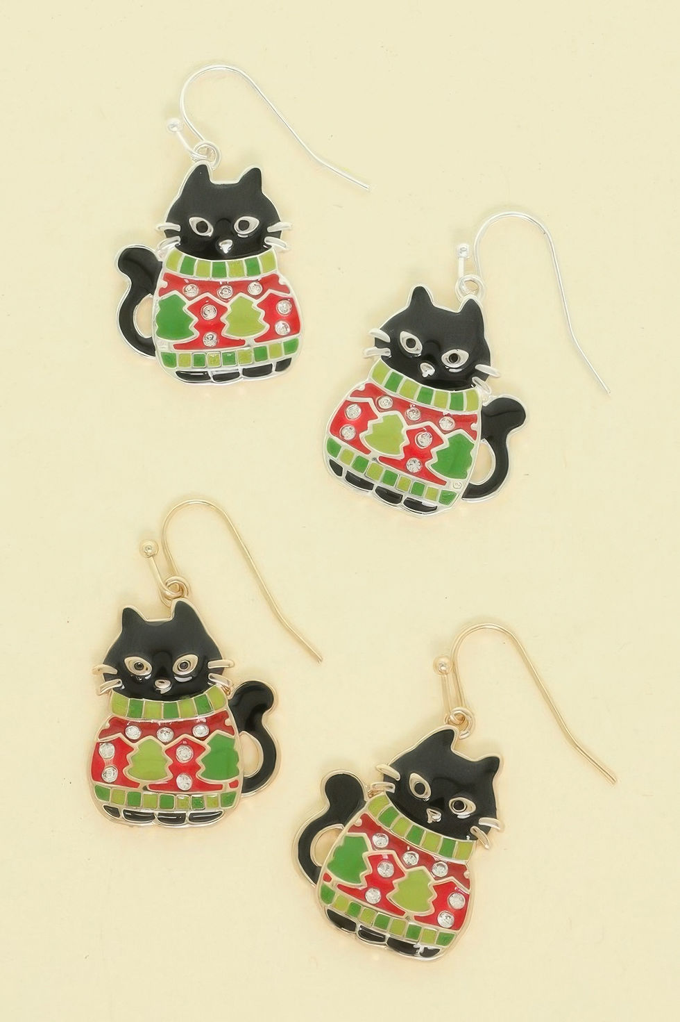 Christmas Enamel Cat In Ugly Sweater Earrings