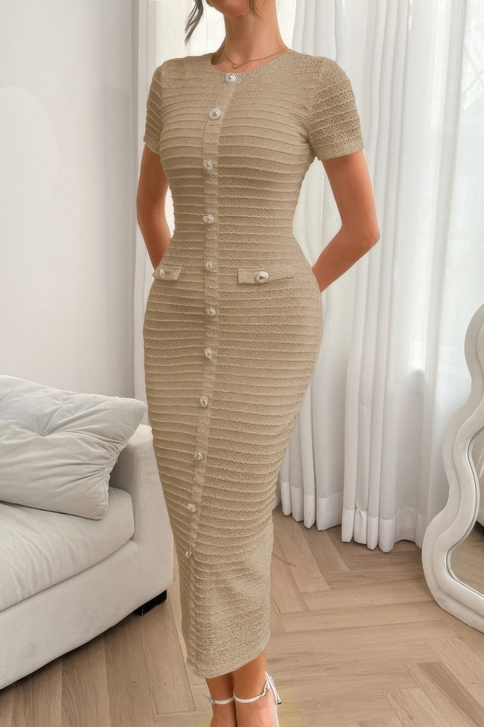 Thumbnail: Solid Buckle Design Zipper Split Short Sleeve Dress