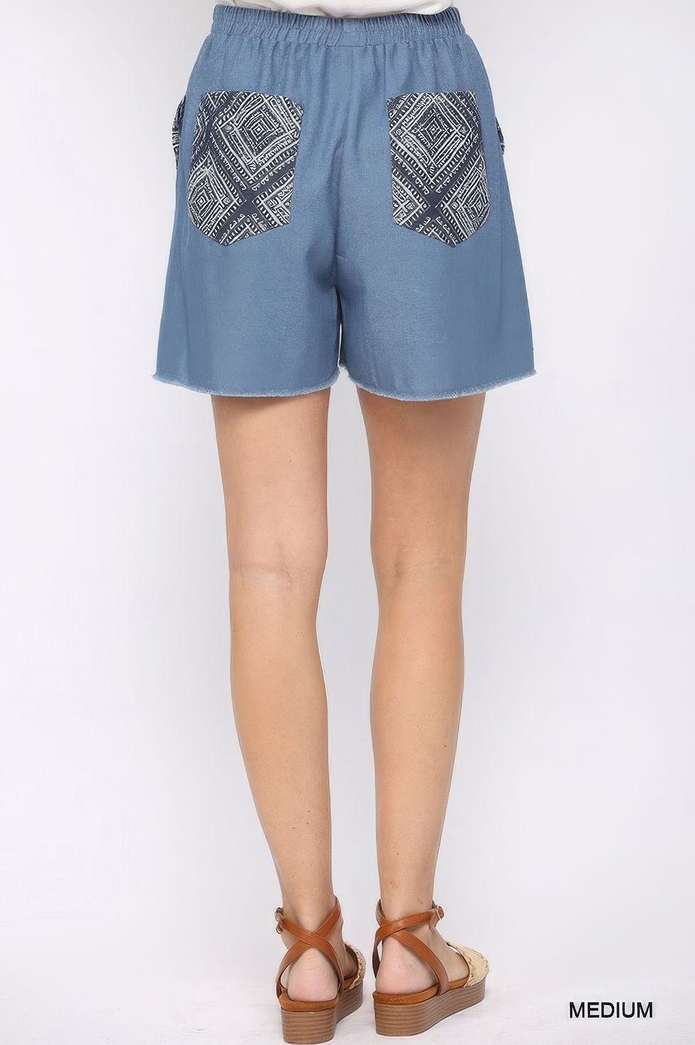 Thumbnail: Denim And Print Pockets Elastic Waist Shorts With Raw Hem