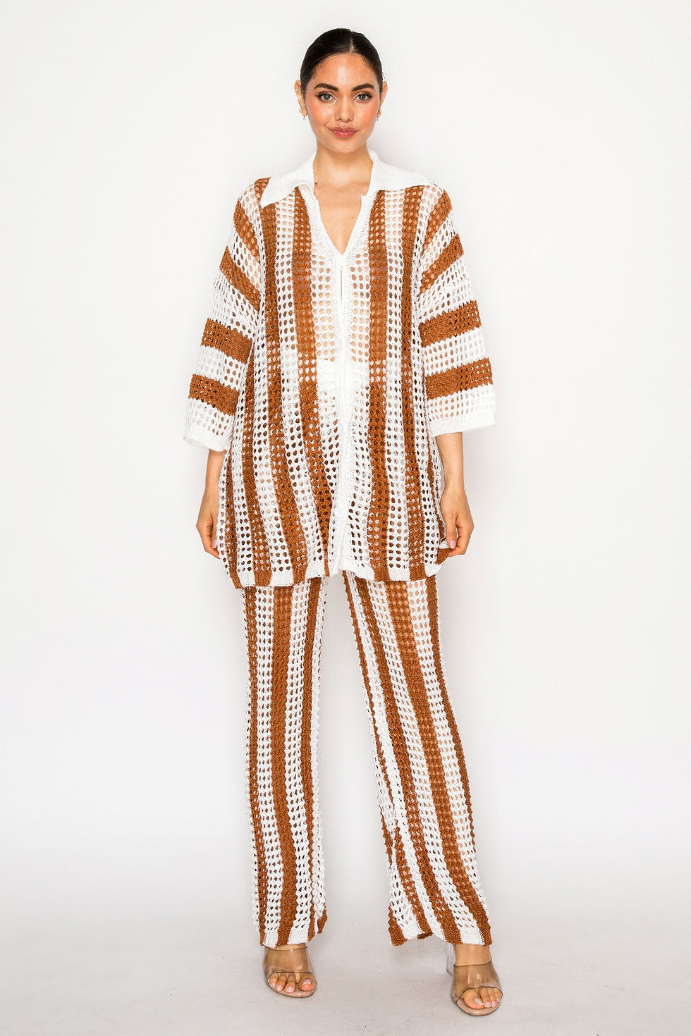 Sheer Stripe Polo Knit Pants Set       