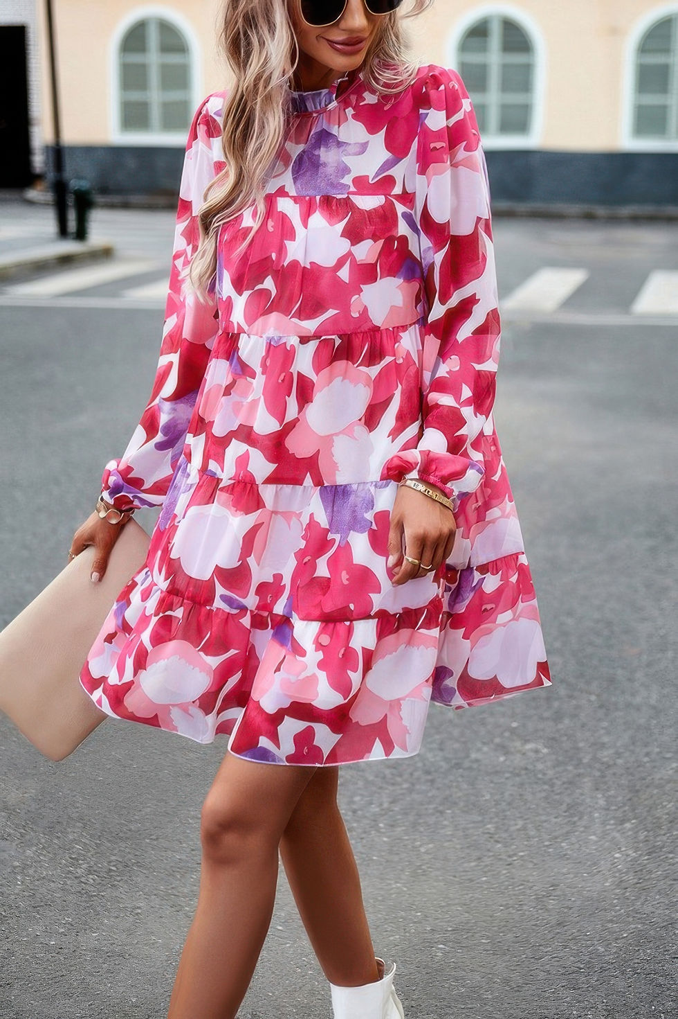 Thumbnail: Ruffle Neck Abstract Print Long Sleeve Tiered Dress